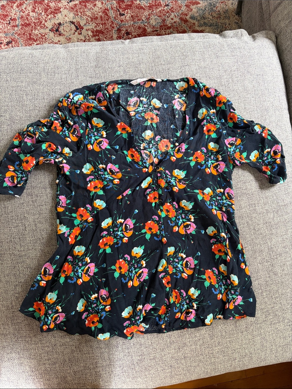 Zara Black Floral V-Neck Blouse with Orange, Pink & Green Blooms